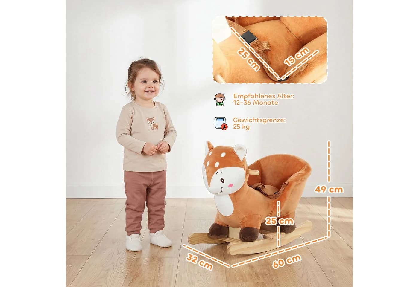 AIYAPPLAY Schaukeltier Plüsch-Schaukelpferd Hirsch Design mit Sicherheitsgurt - Bild 3