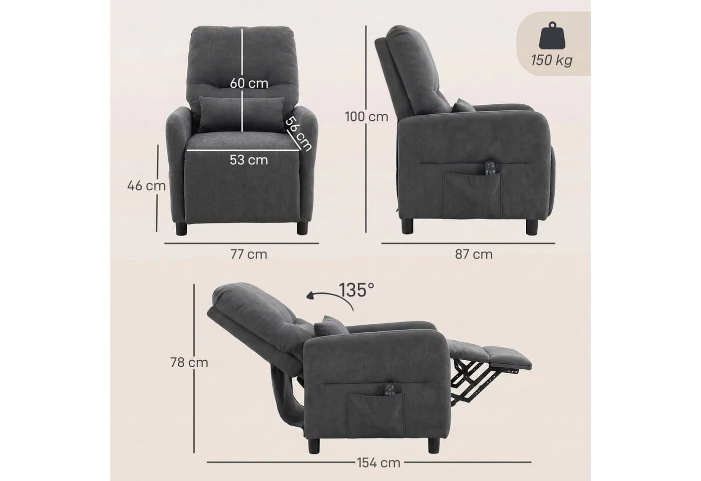 HOMCOM Massagesessel Relaxsessel mit Liegefunktion & 8-Punkt-Vibration Grau - Bild 3