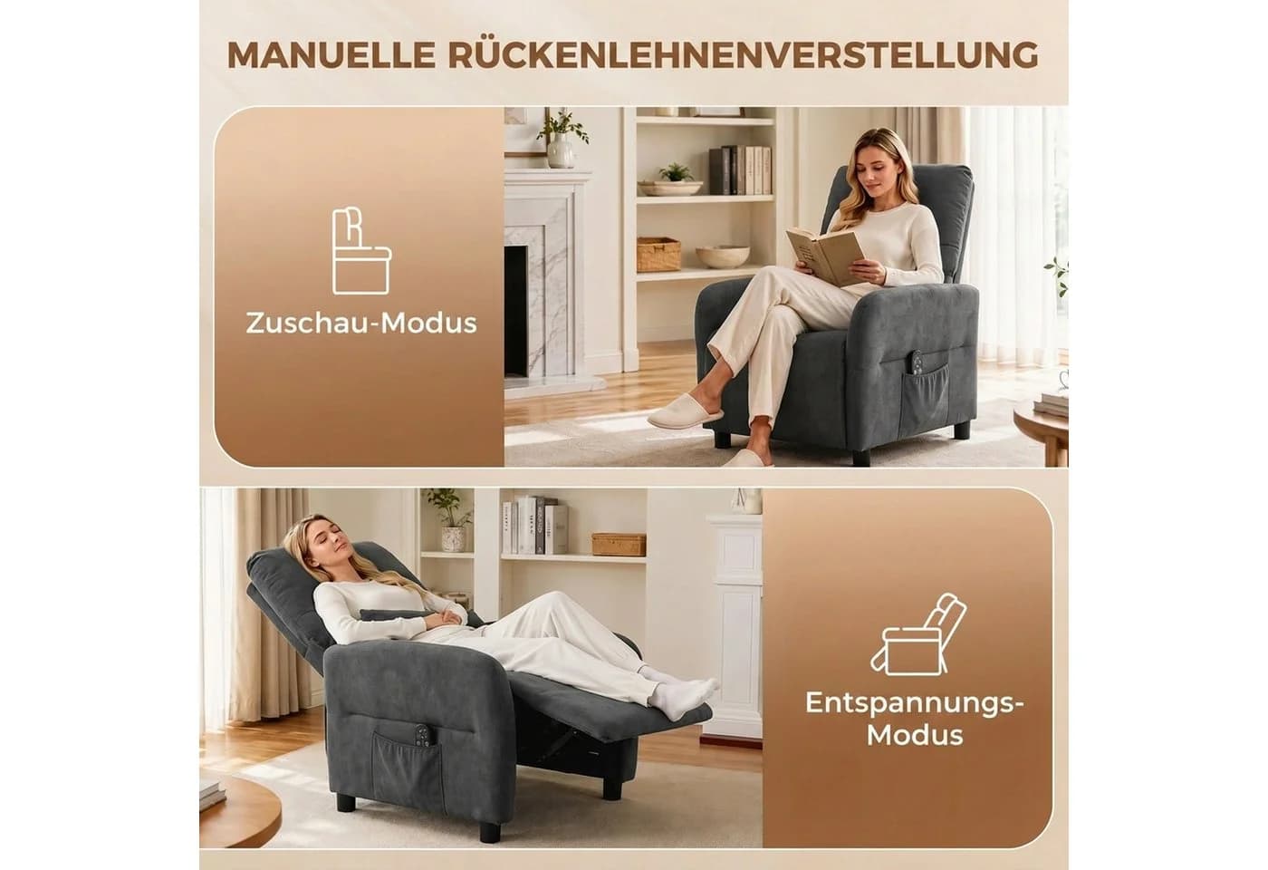 HOMCOM Massagesessel Relaxsessel mit Liegefunktion & 8-Punkt-Vibration Grau - Bild 5