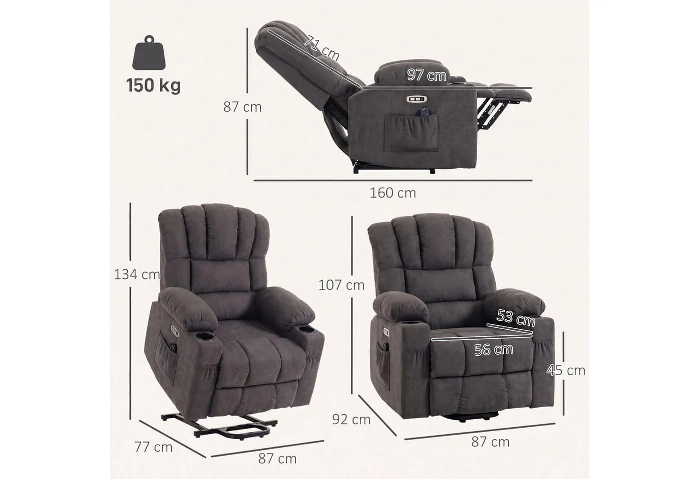 HOMCOM Relaxsessel mit Aufstehhilfe, Massage & Wärme grau - Bild 3