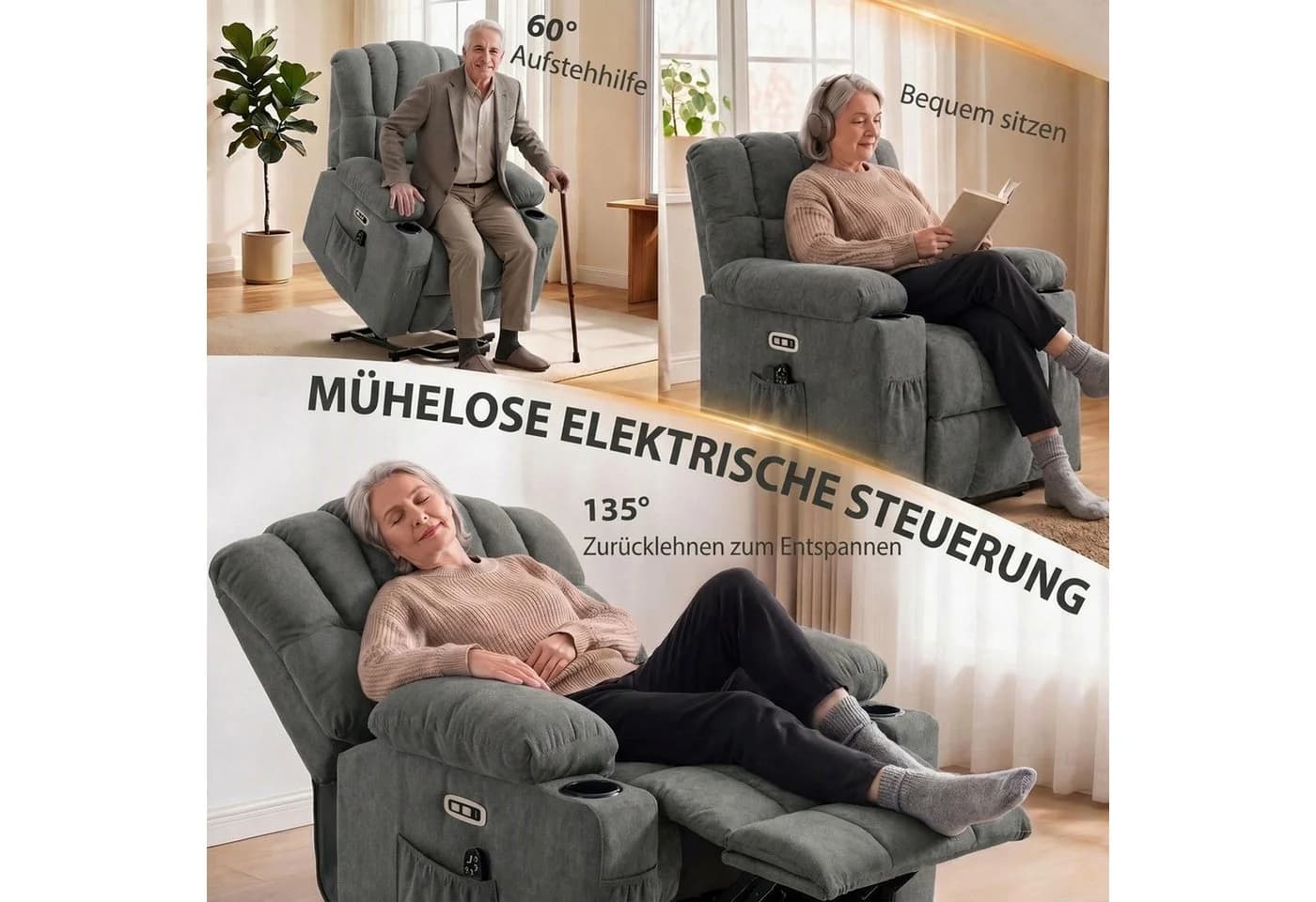 HOMCOM Relaxsessel mit Aufstehhilfe, Massage & Wärme grau - Bild 4