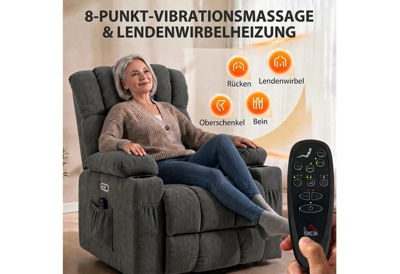 HOMCOM Relaxsessel mit Aufstehhilfe, Massage & Wärme grau - Bild 5