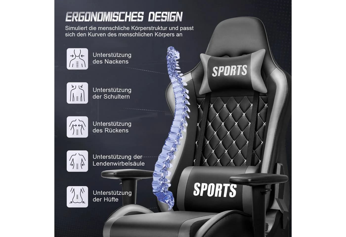 Adormii Gaming-Stuhl Ergonomisch Grau Verstellbare Armlehnen - Bild 3
