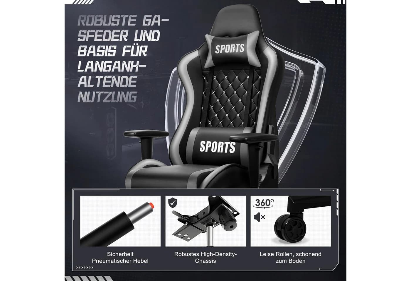 Adormii Gaming-Stuhl Ergonomisch Grau Verstellbare Armlehnen - Bild 5