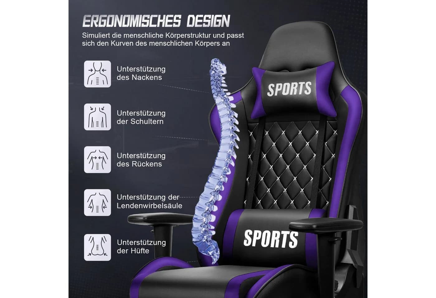 Adormii Gaming-Stuhl mit verstellbaren Armlehnen und neigbarer Rückenlehne - Bild 3