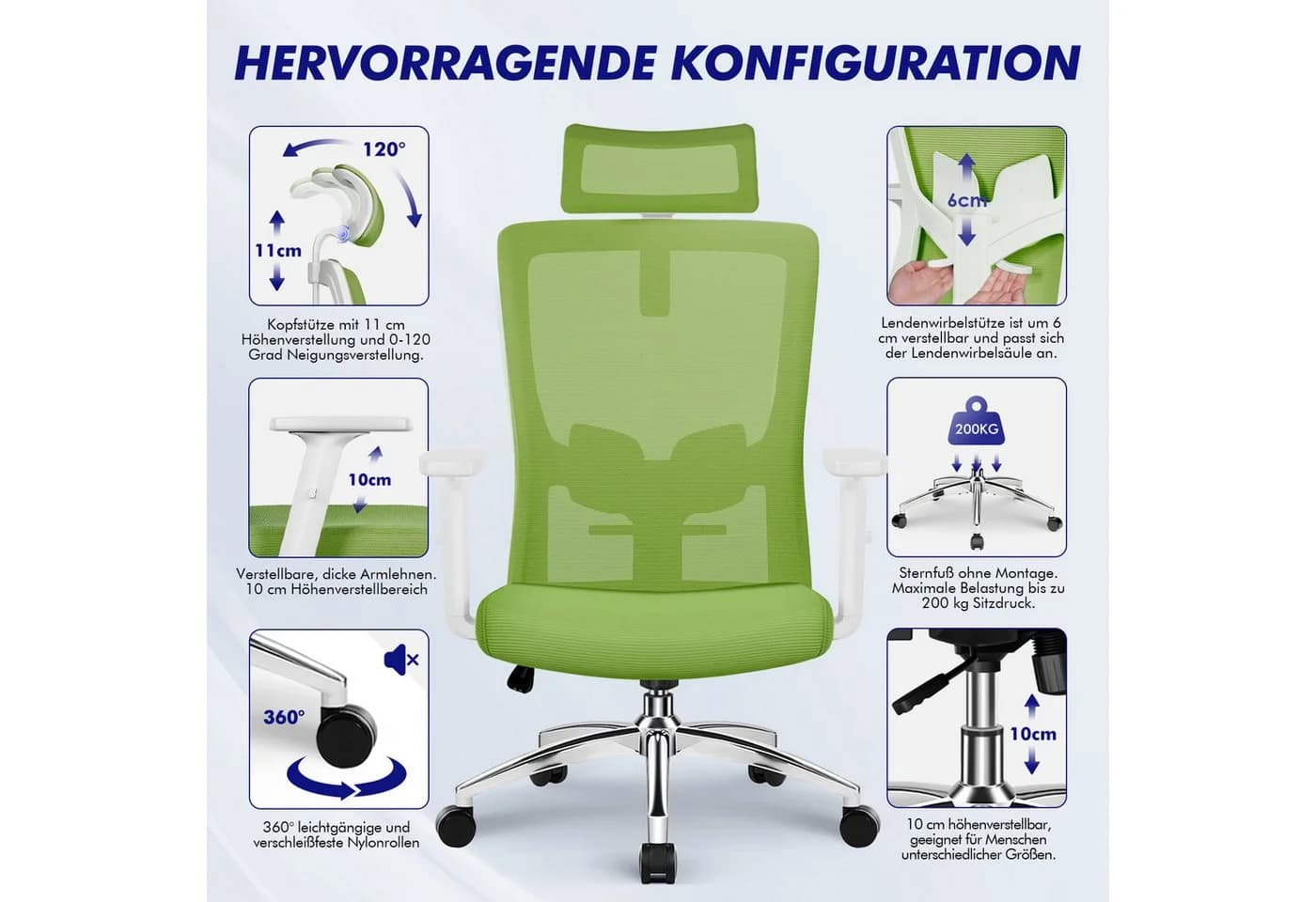 Adormii Ergonomischer Bürostuhl Grün mit verstellbarer Lendenstütze - Bild 5