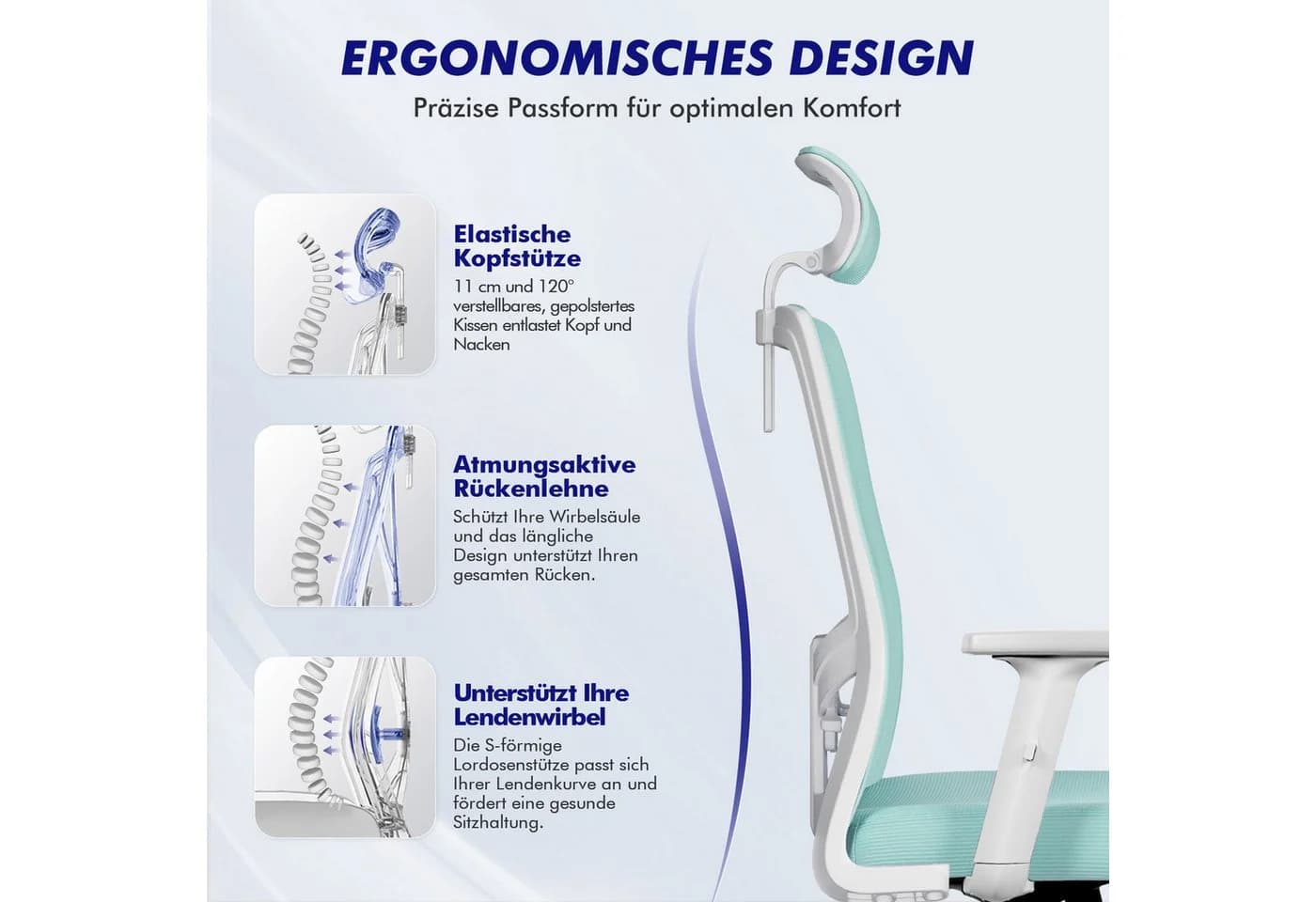 Adormii Ergonomischer Bürostuhl Blau mit verstellbarer Lendenstütze