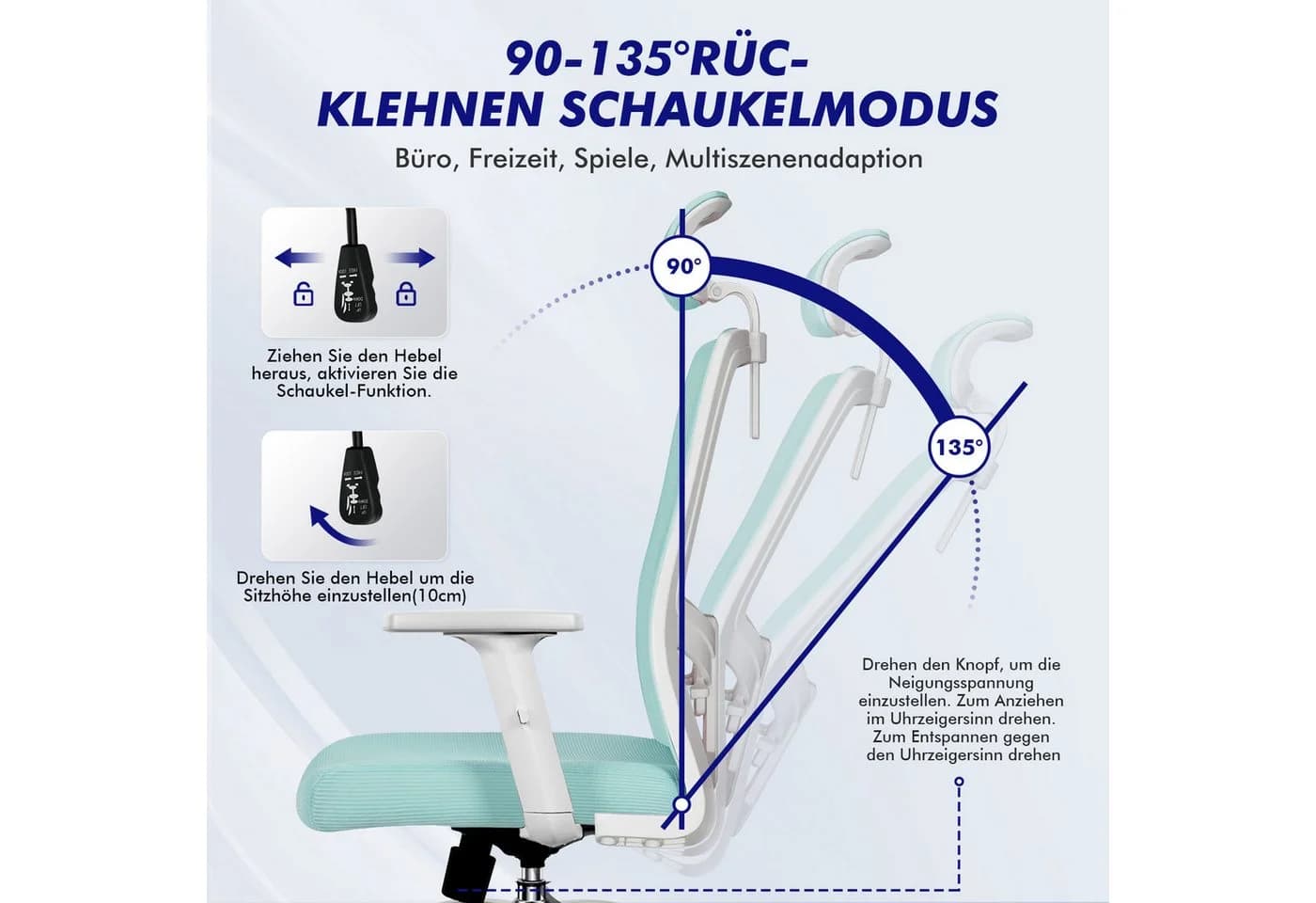 Adormii Ergonomischer Bürostuhl Blau mit verstellbarer Lendenstütze - Bild 3