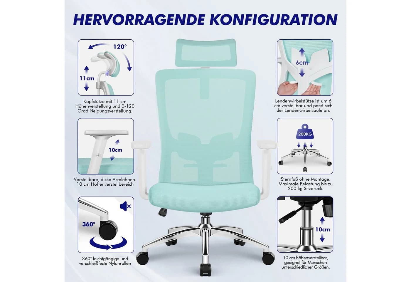 Adormii Ergonomischer Bürostuhl Blau mit verstellbarer Lendenstütze - Bild 5