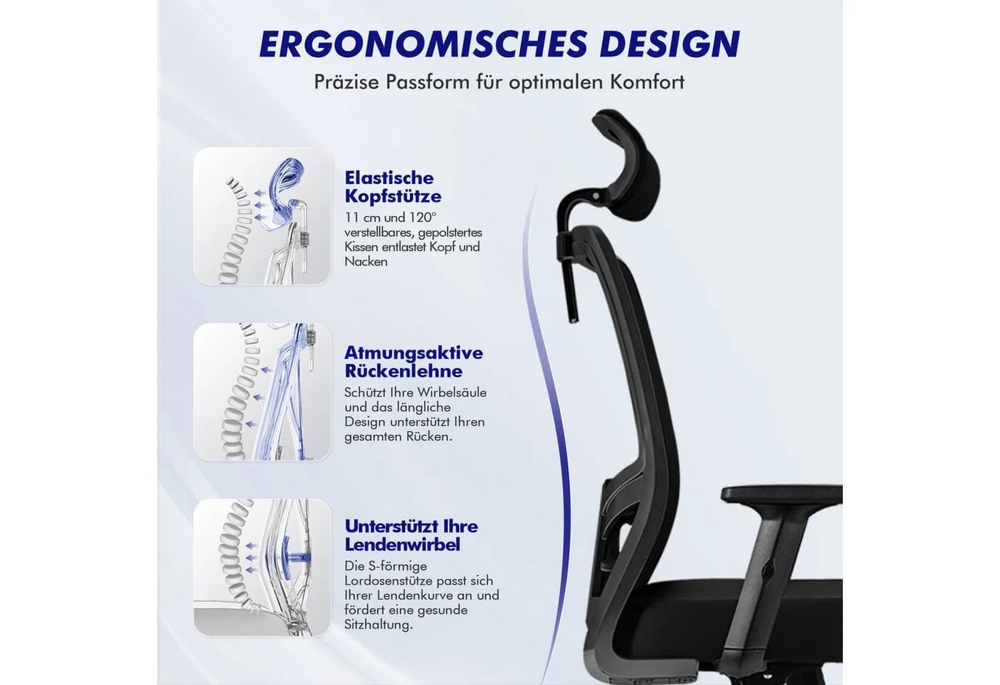 Adormii Ergonomischer Bürostuhl Schwarz mit verstellbarer Lendenstütze - Bild 4