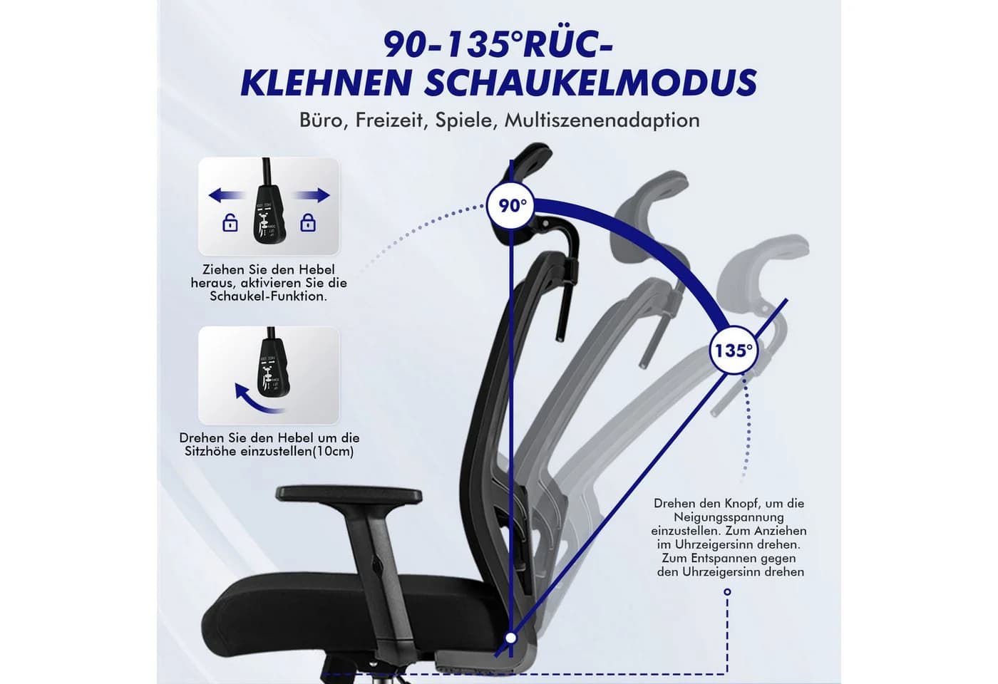 Adormii Ergonomischer Bürostuhl Schwarz mit verstellbarer Lendenstütze - Bild 5