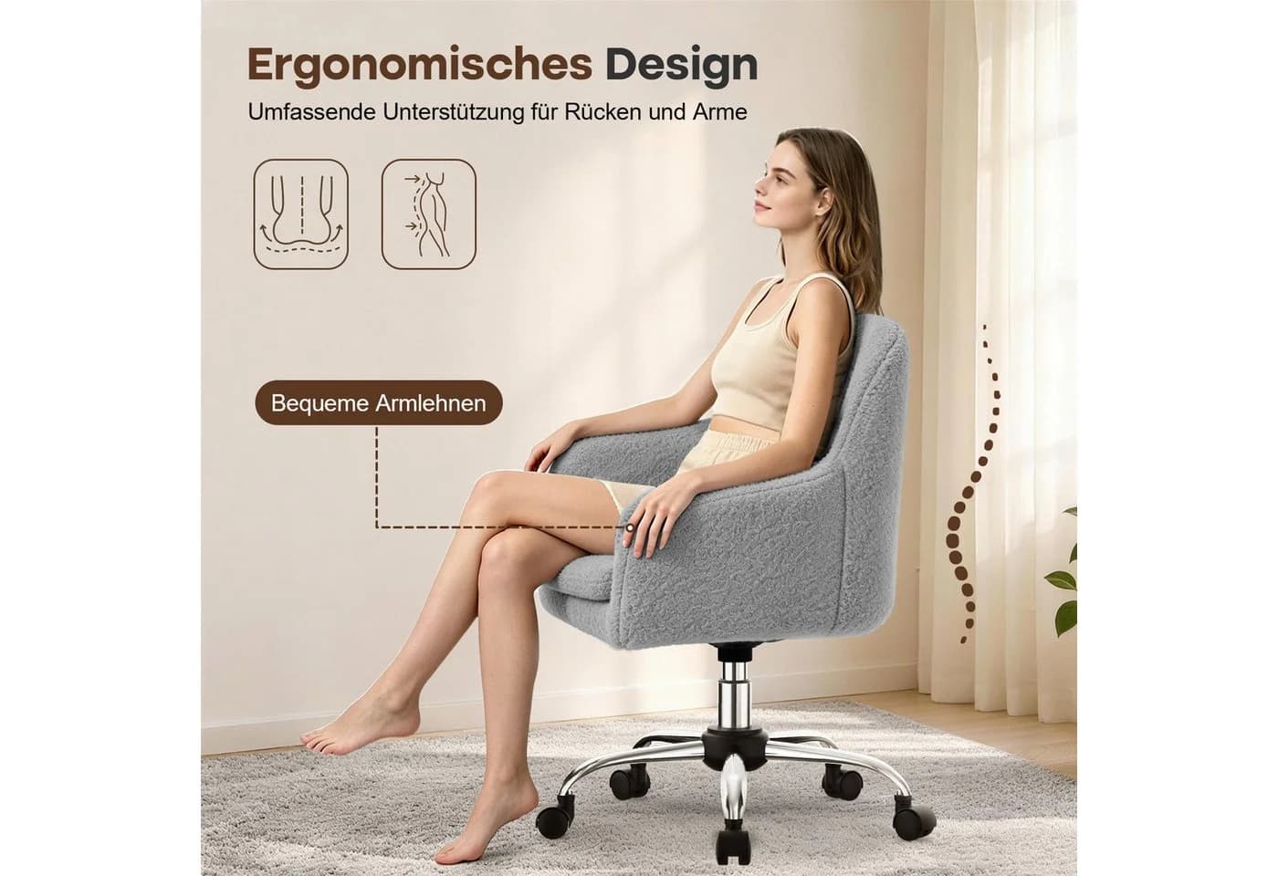 Adormii Bürostuhl mit Armlehnen grau Boucle-Gewebe höhenverstellbar