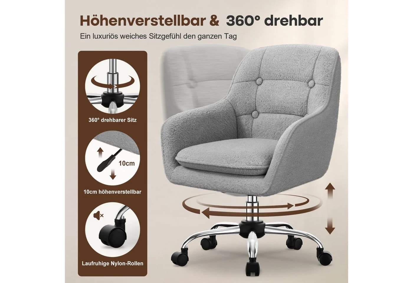 Adormii Bürostuhl mit Armlehnen grau Boucle-Gewebe höhenverstellbar - Bild 5