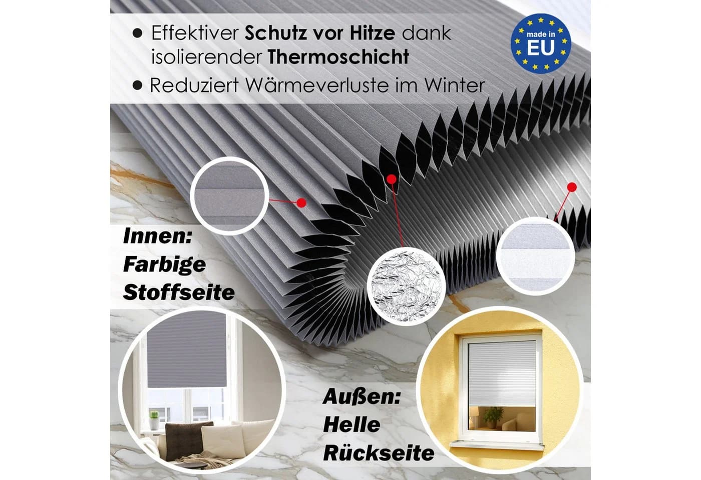 DomDeco Wabenplissee Thermo Grau - Verdunkelung & Klemmfix