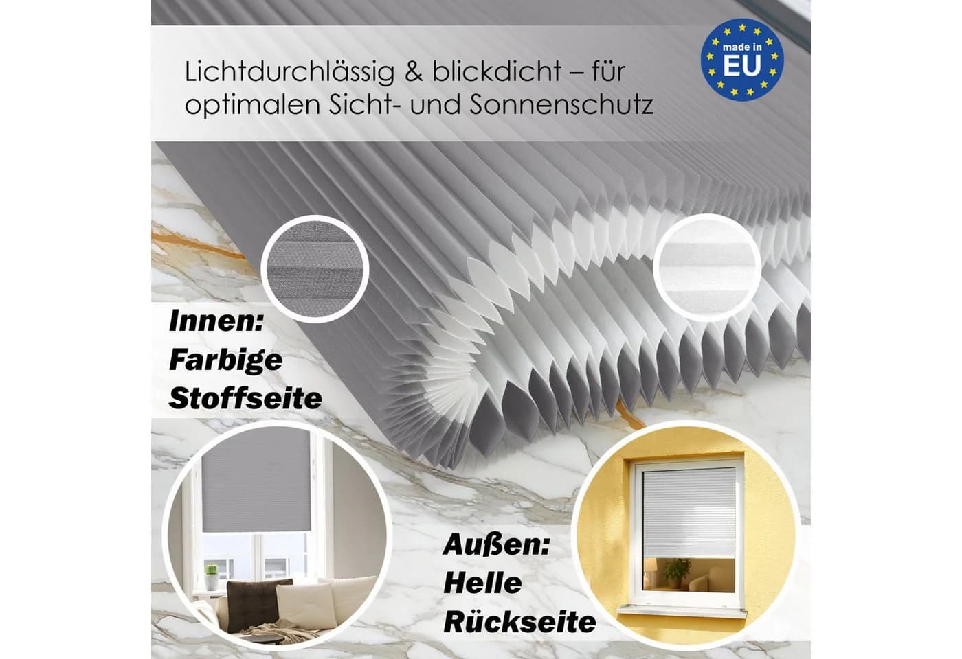 DomDeco Wabenplissee Premium ohne Bohren Grau Sichtschutz
