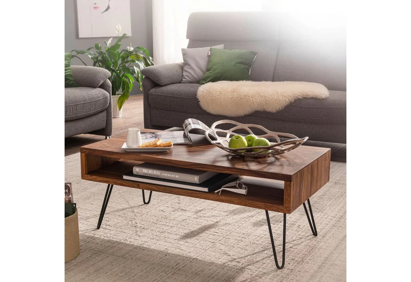 furnicato Couchtisch Massivholz Braun mit Haarnadelbeinen