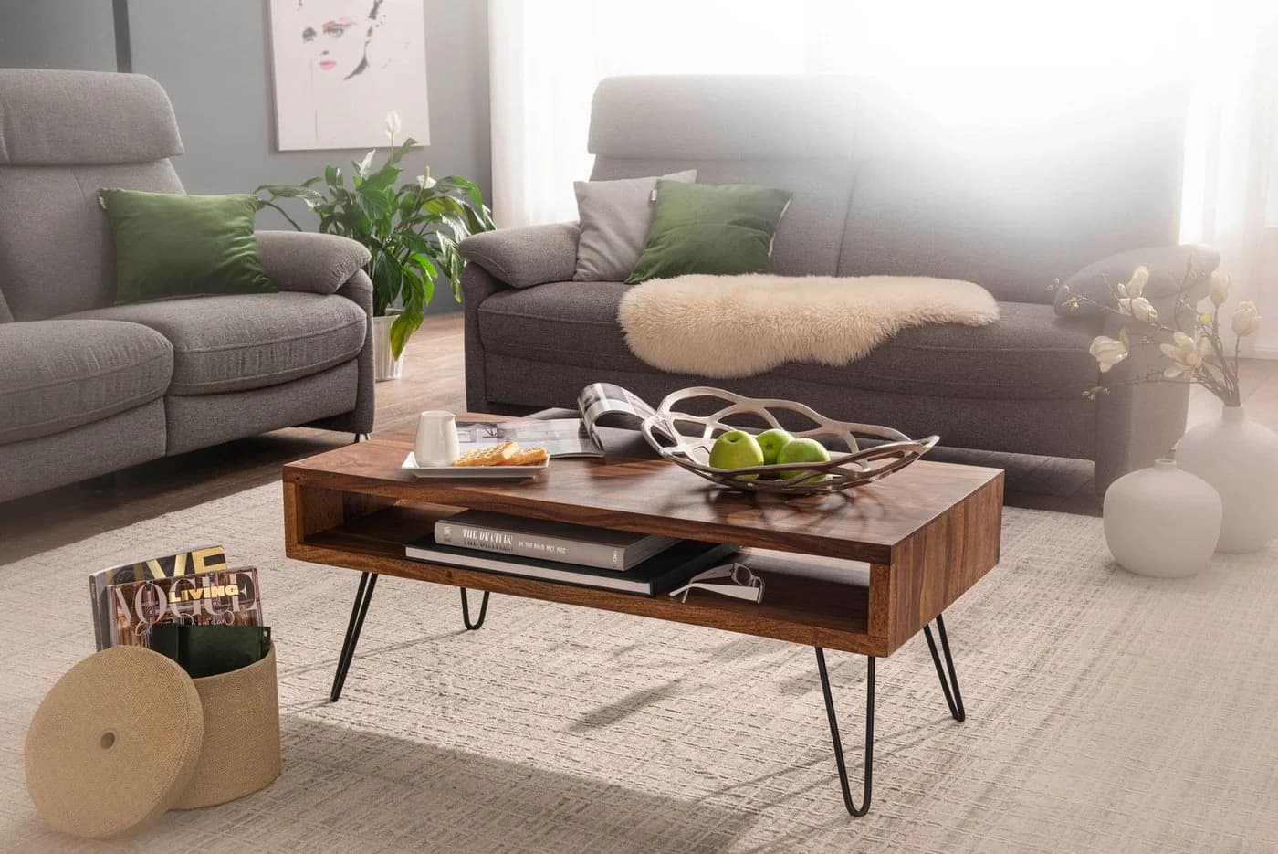 furnicato Couchtisch Massivholz Braun mit Haarnadelbeinen - Bild 3
