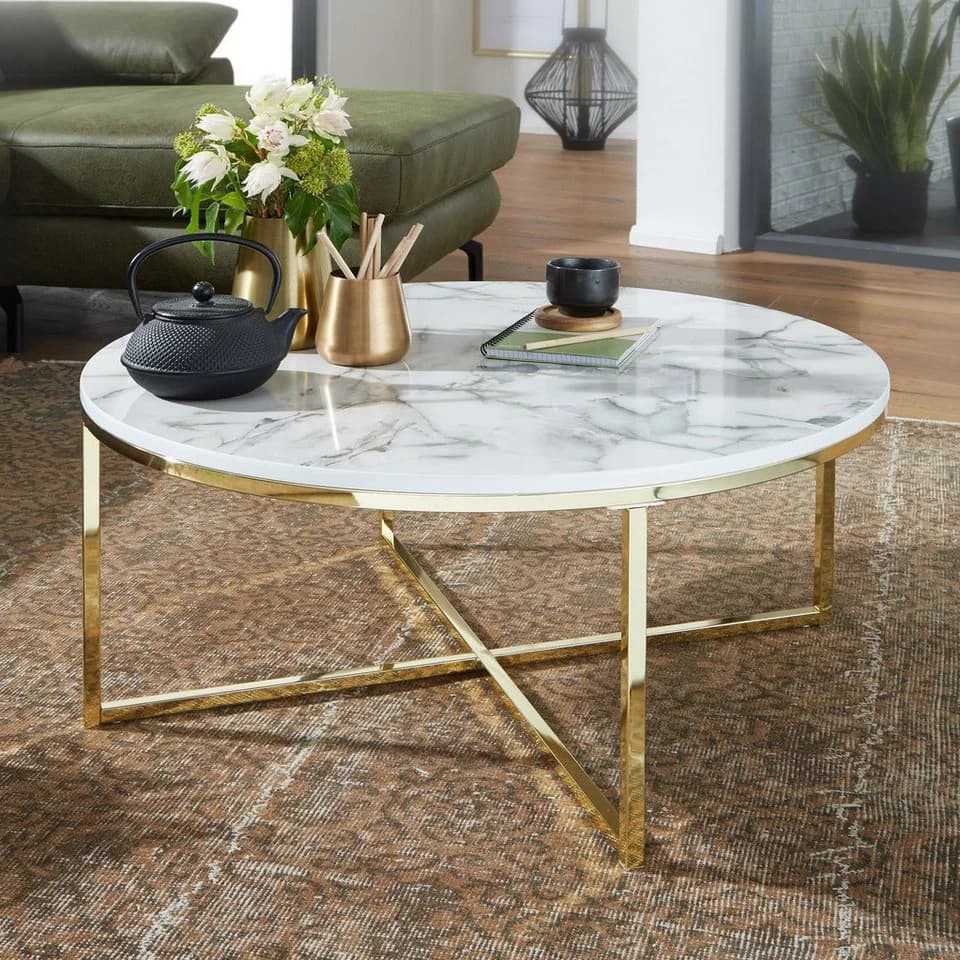 furnicato Runder Sofatisch Weiß Marmor-Optik Gold