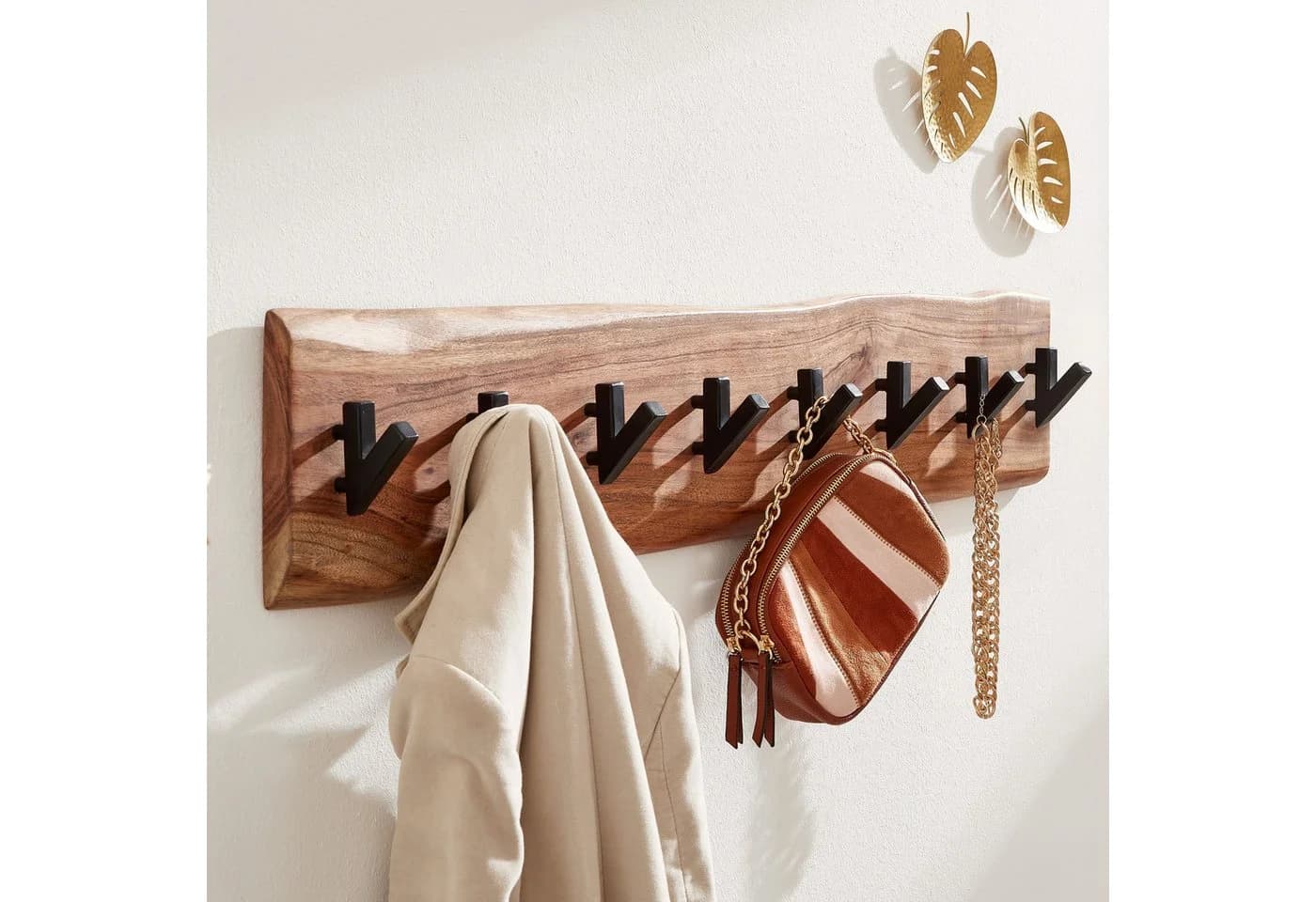 furnicato Wandgarderobe Echtholz mit 8 Haken Braun Schwarz