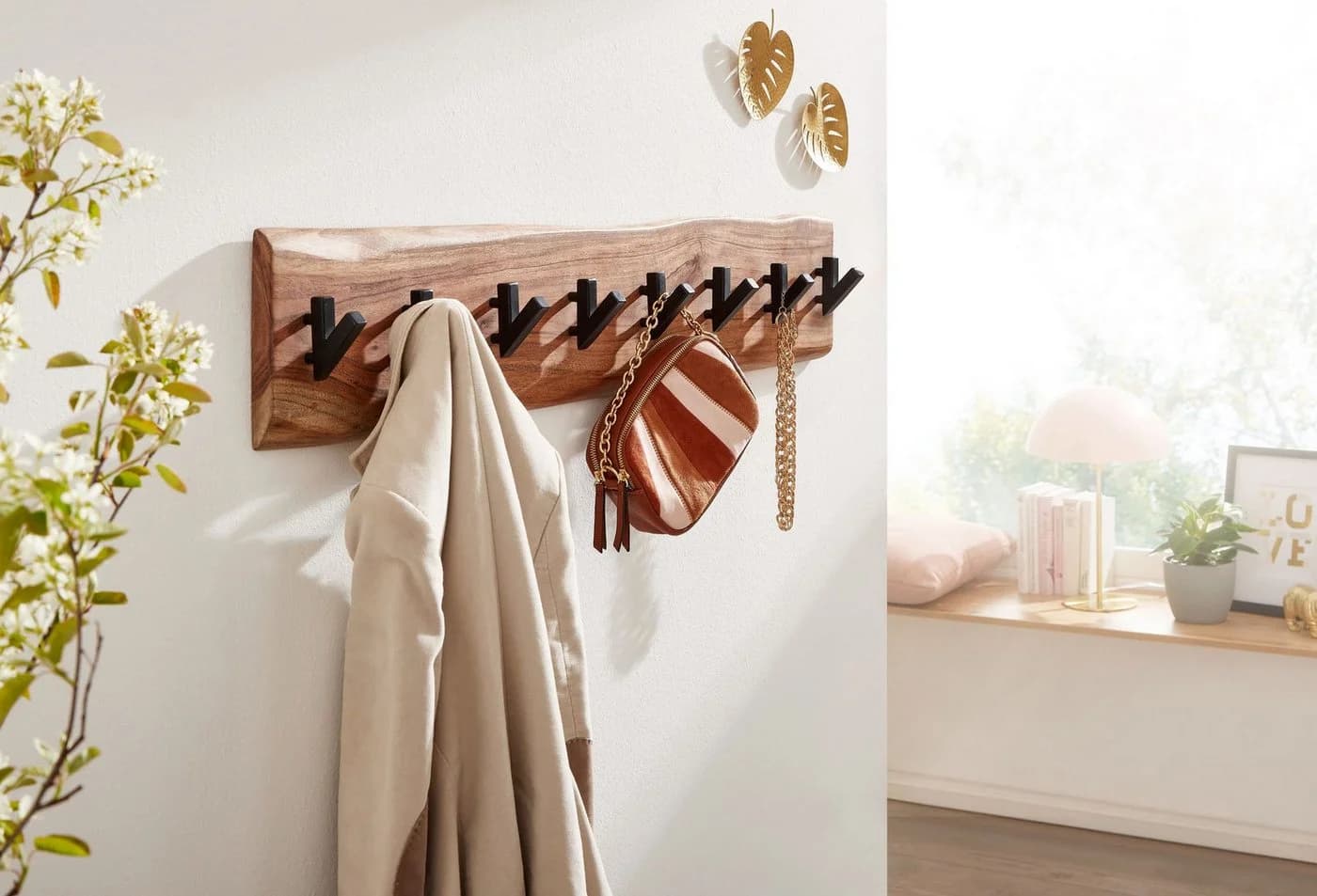 furnicato Wandgarderobe Echtholz mit 8 Haken Braun Schwarz - Bild 3