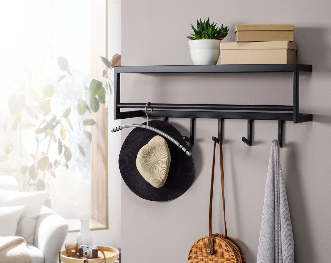 furnicato Wandgarderobe mit Ablage und Haken Schwarz - Bild 3