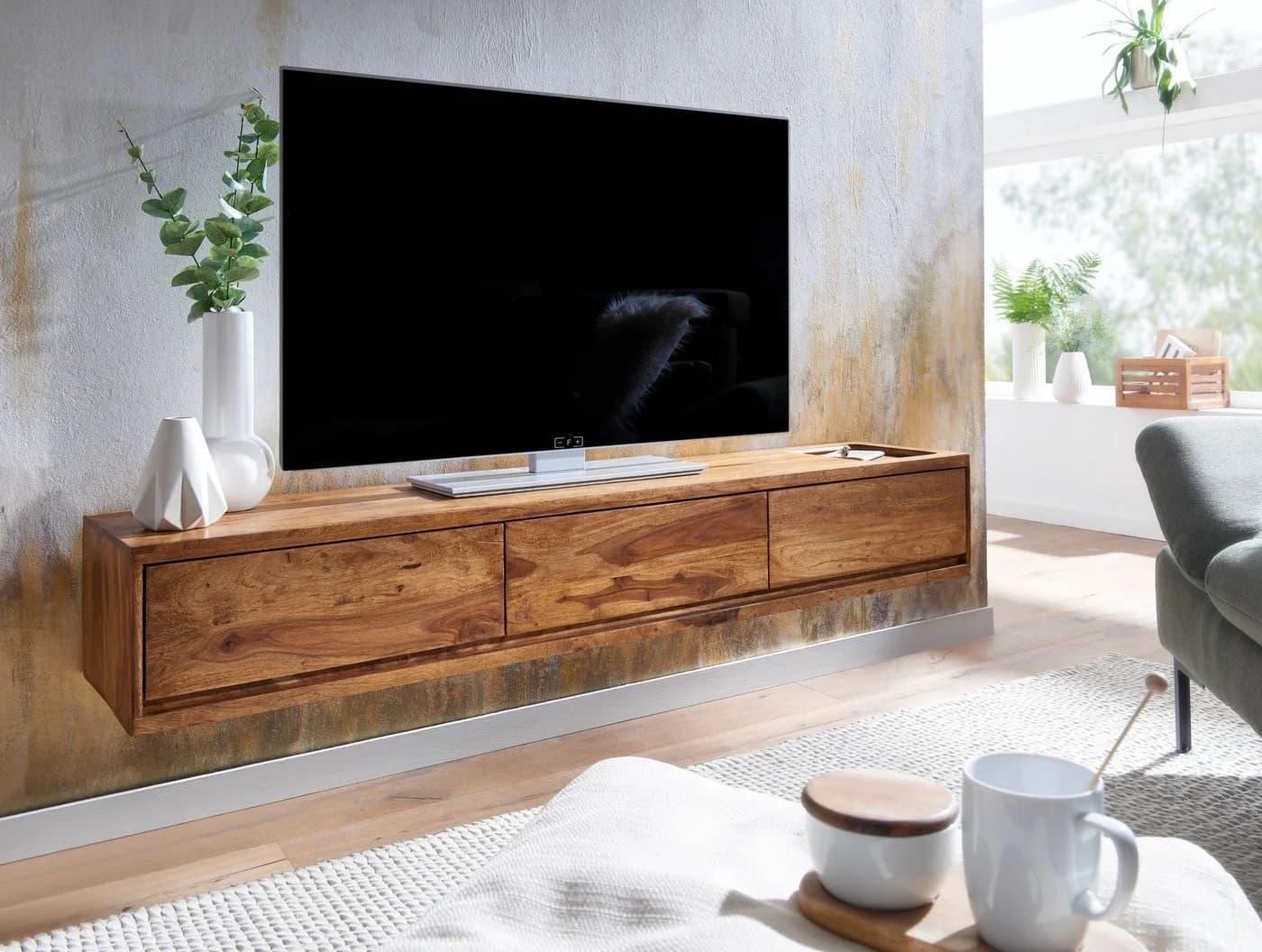 furnicato Lowboard TV-Unterschrank Massivholz Walnuss Finish 160x25x35 cm Braun - Bild 3