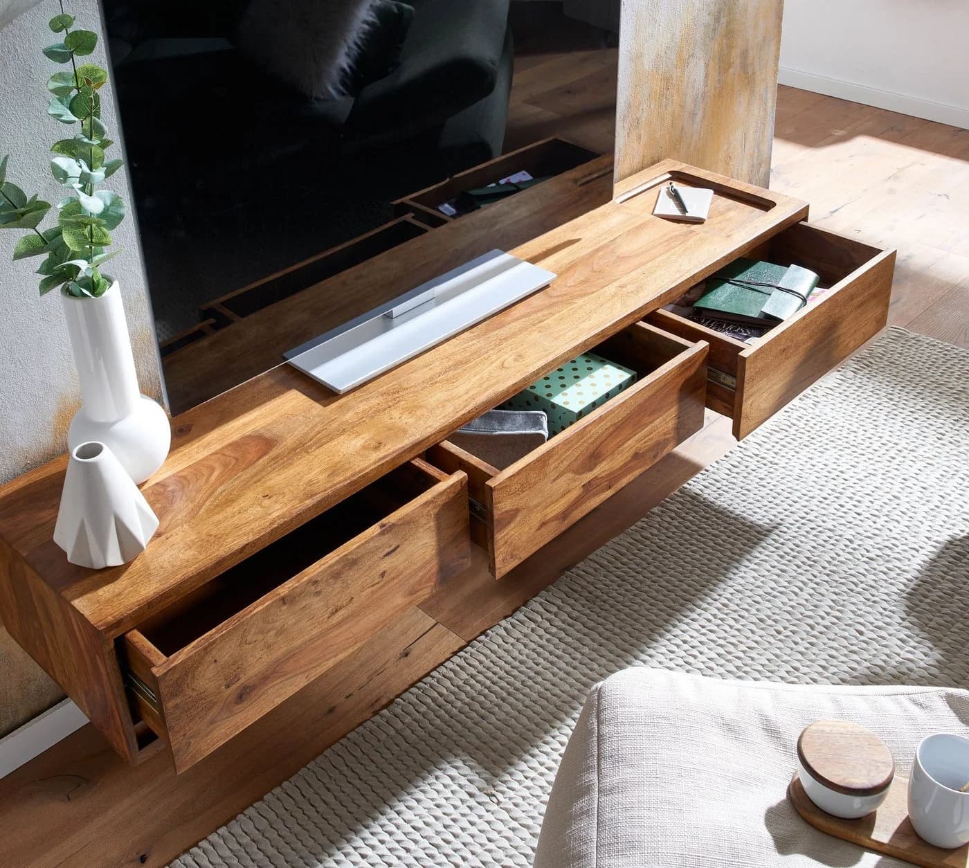 furnicato Lowboard TV-Unterschrank Massivholz Walnuss Finish 160x25x35 cm Braun - Bild 5