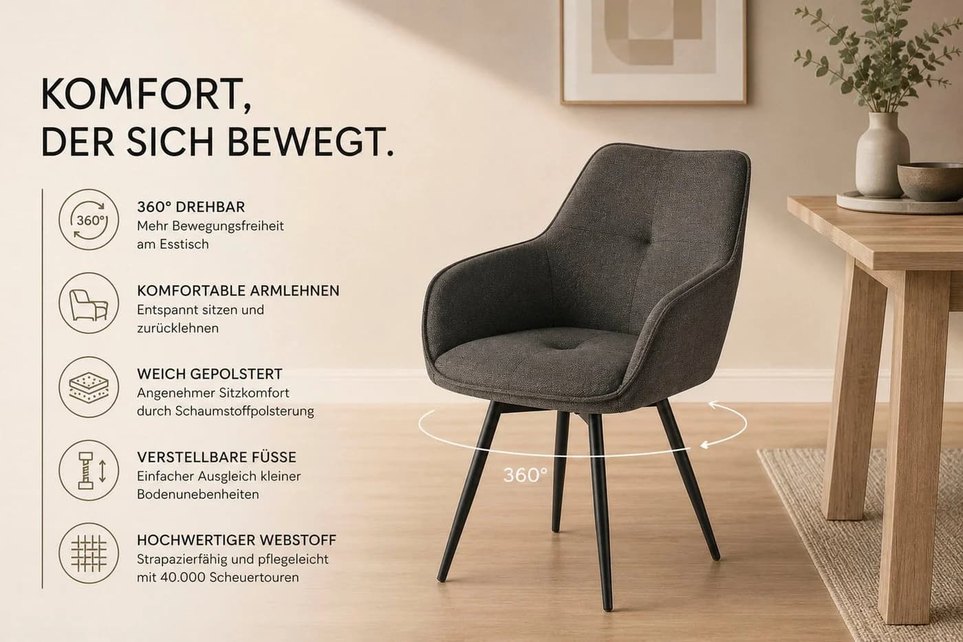 OTTO home Esszimmerstuhl Azura 2er-Set Grau Webstoff Drehfunktion - Bild 3