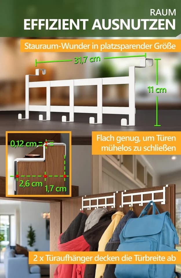 Lindenstein Türhaken Edelstahl Weiß 5 Haken Ohne Bohren - Bild 5