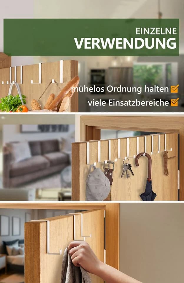 Lindenstein Türhaken XXL 10er Set Weiß Edelstahl Ohne Bohren - Bild 3