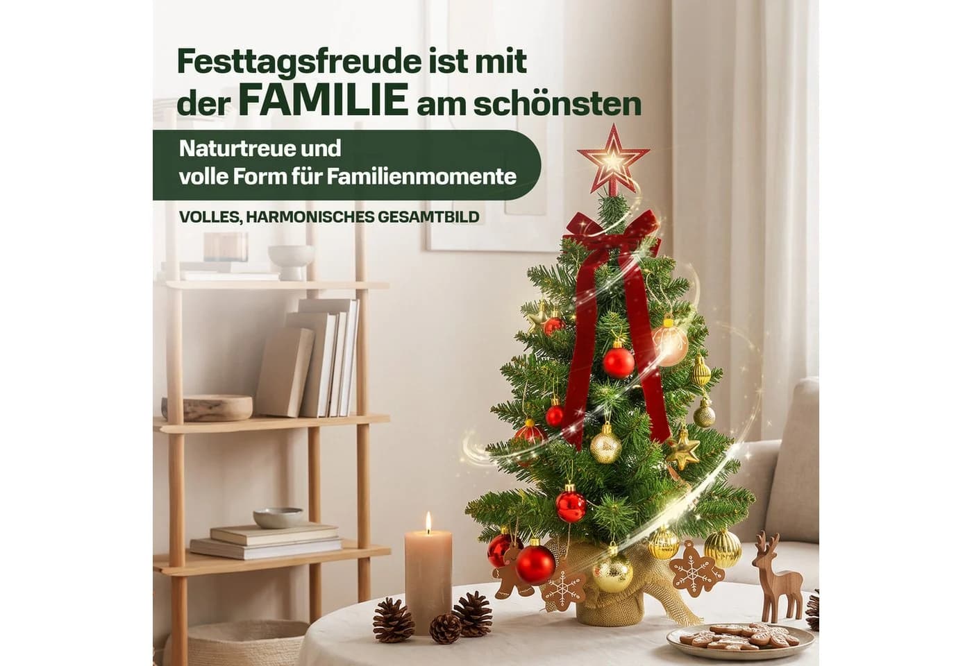 Lindenstein Künstlicher Mini-Weihnachtsbaum 60 cm mit LED-Beleuchtung und Deko