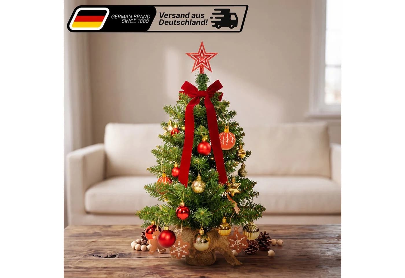 Lindenstein Künstlicher Mini-Weihnachtsbaum 60 cm mit LED-Beleuchtung und Deko - Bild 2