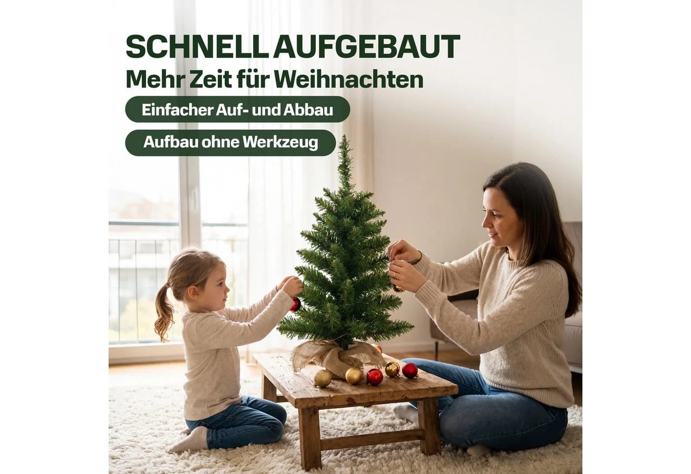 Lindenstein Künstlicher Mini-Weihnachtsbaum 60 cm mit LED-Beleuchtung und Deko - Bild 5