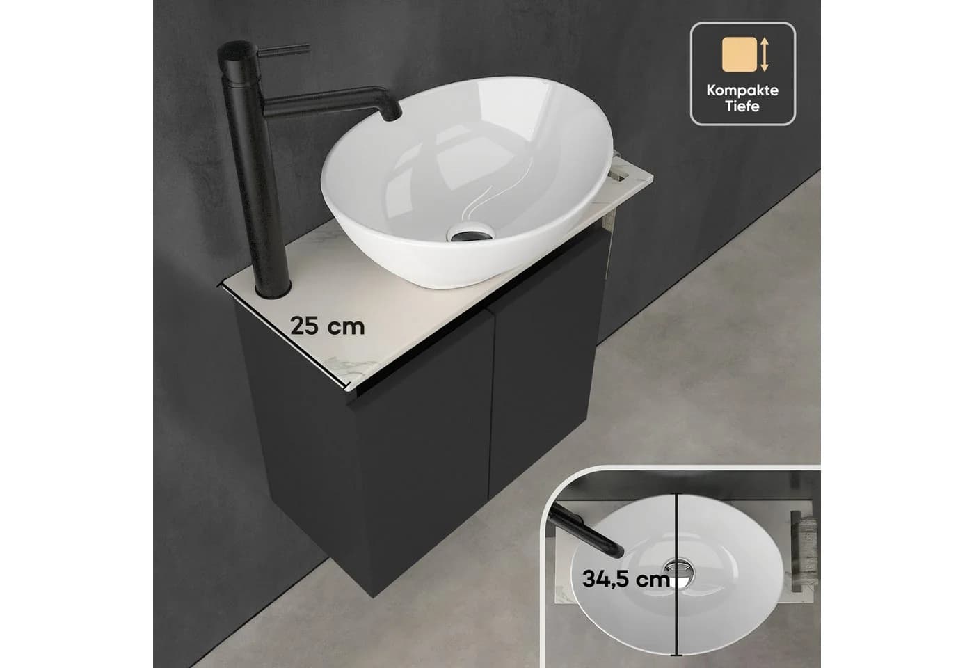 Alpenberger Waschtisch mit Unterschrank Schwarz Matt Keramik Aufsatzwaschbecken - Bild 4