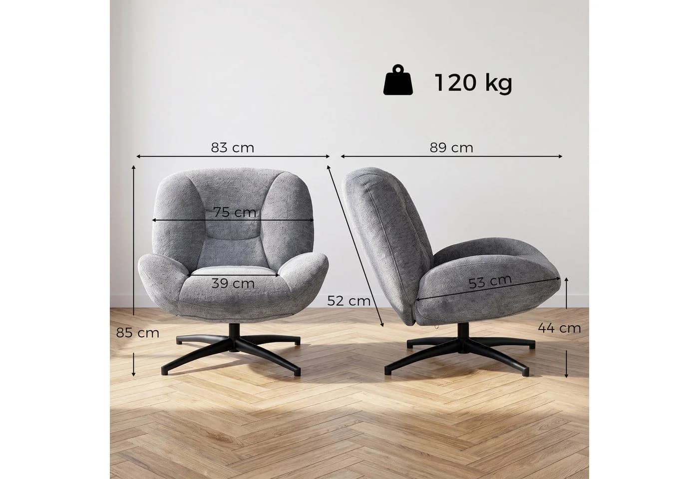 HOMCOM Relaxsessel Loungesessel Chenille-Optik Grau 360° Drehfunktion - Bild 3