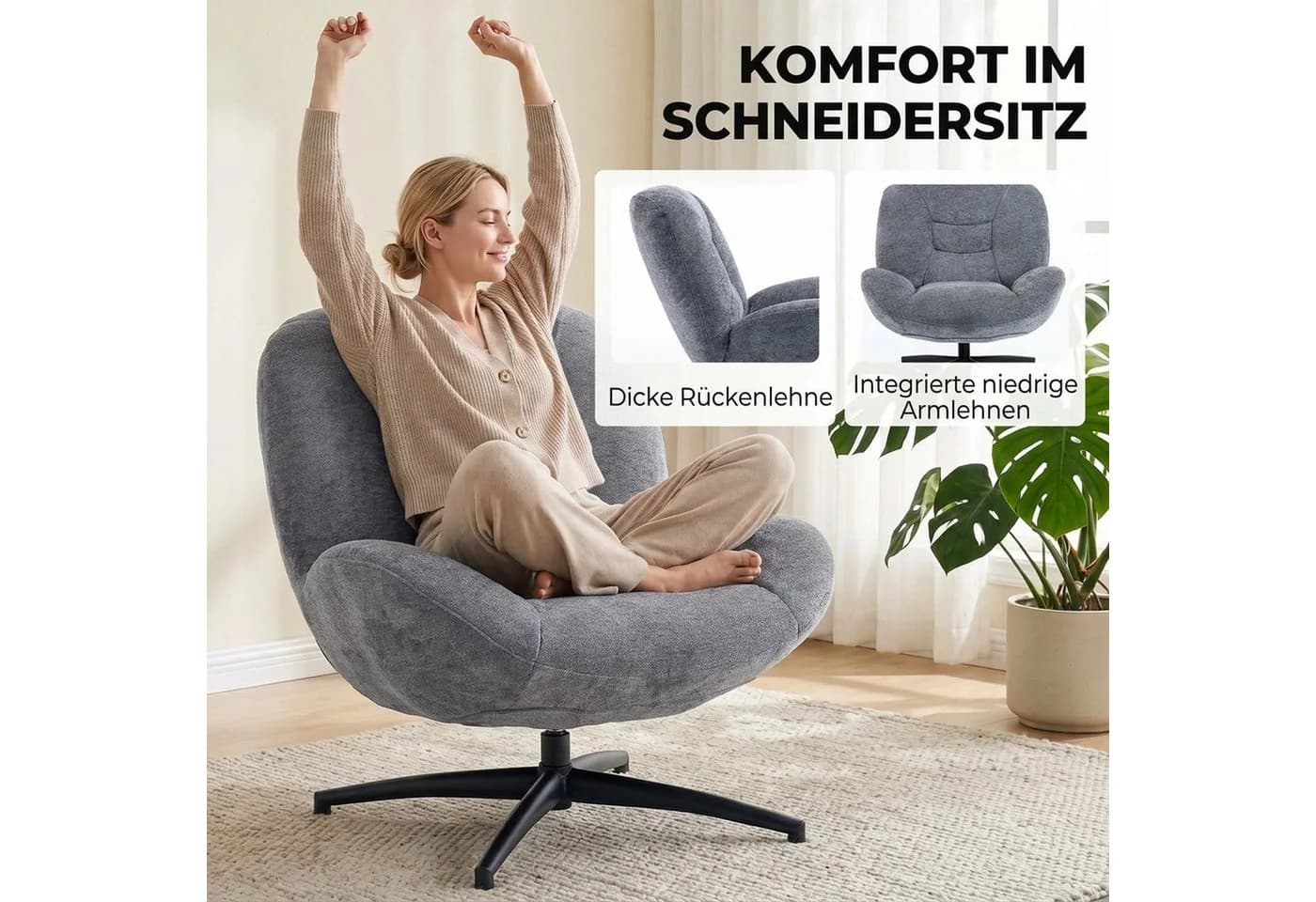 HOMCOM Relaxsessel Loungesessel Chenille-Optik Grau 360° Drehfunktion - Bild 4