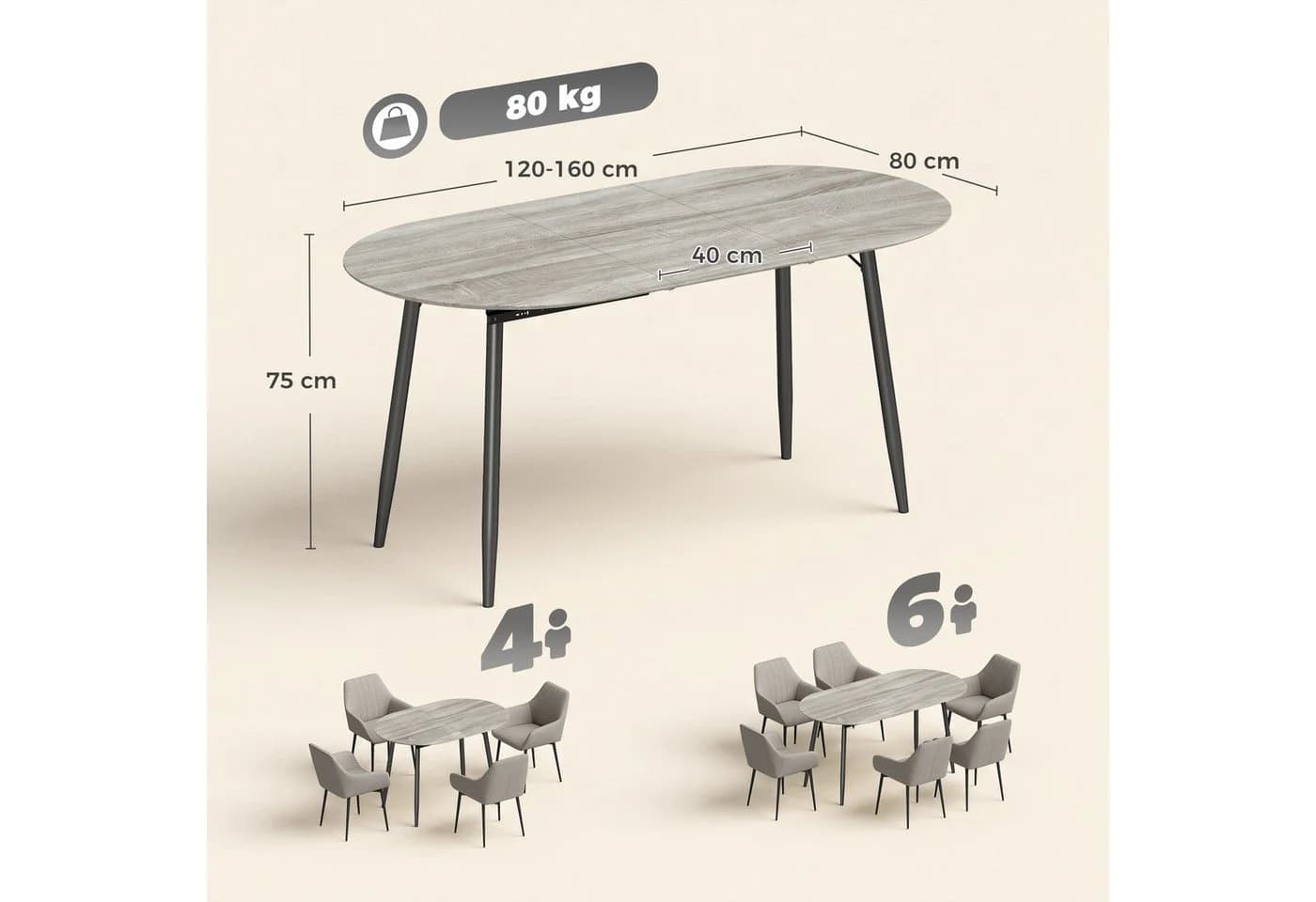 HOMCOM Ausziehbarer Esstisch Oval Grau MDF Metallbeine - Bild 3