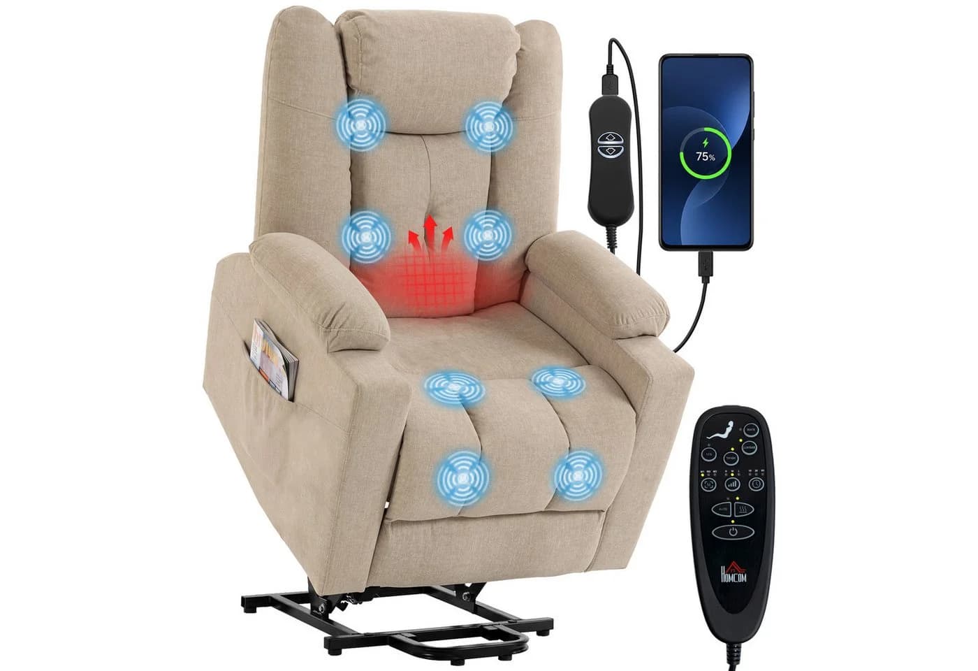 HOMCOM Fernsehsessel mit Aufstehhilfe & Massage Cremeweiß