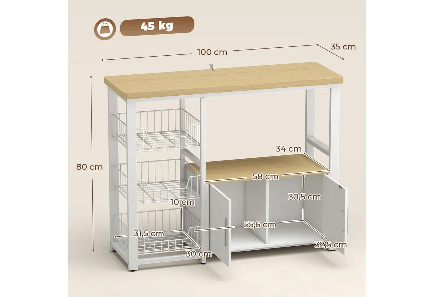 HOMCOM Küchenregal Weiß mit Schrank und Körben - Bild 3