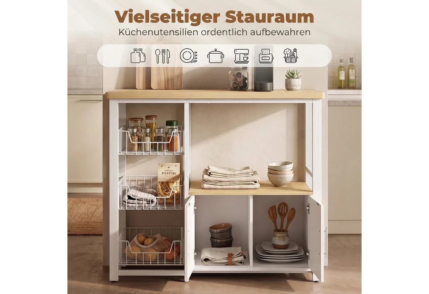 HOMCOM Küchenregal Weiß mit Schrank und Körben - Bild 4
