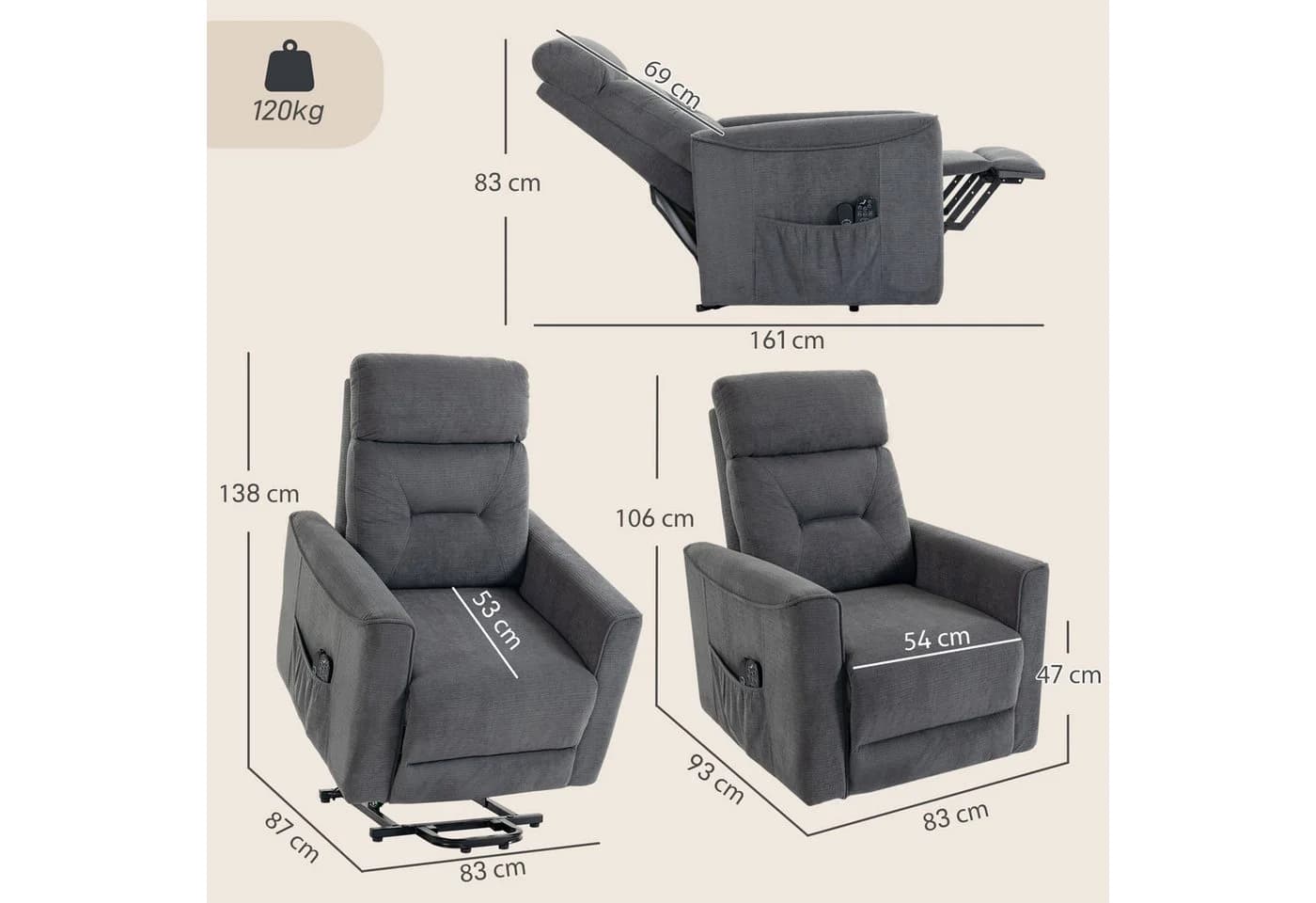 HOMCOM Elektrischer Relaxsessel mit Aufstehhilfe, Massage & Wärme Grau - Bild 3