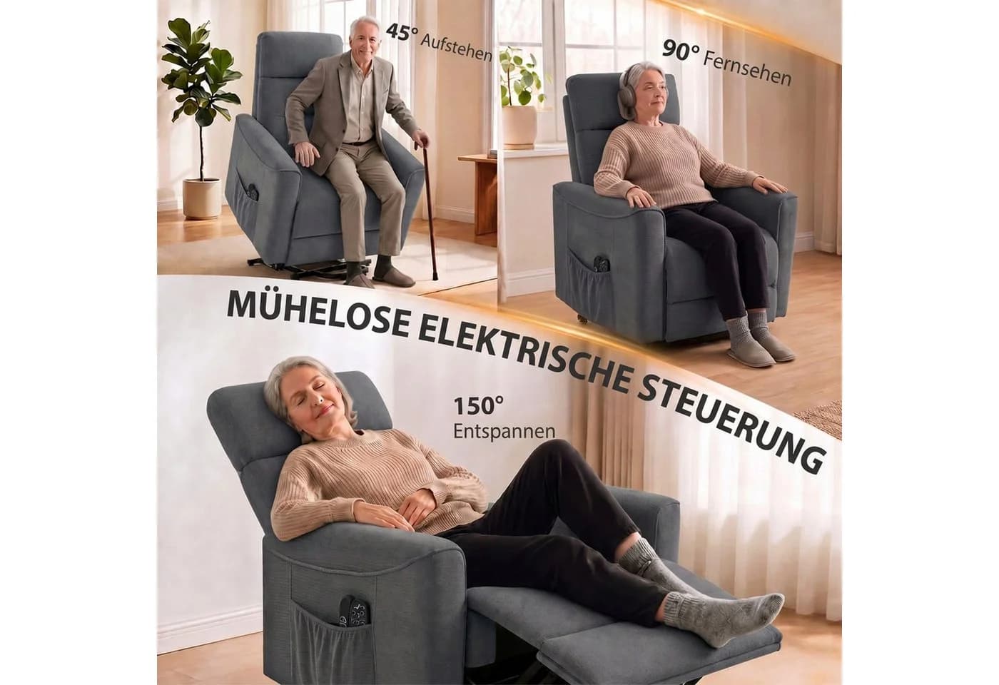 HOMCOM Elektrischer Relaxsessel mit Aufstehhilfe, Massage & Wärme Grau - Bild 4
