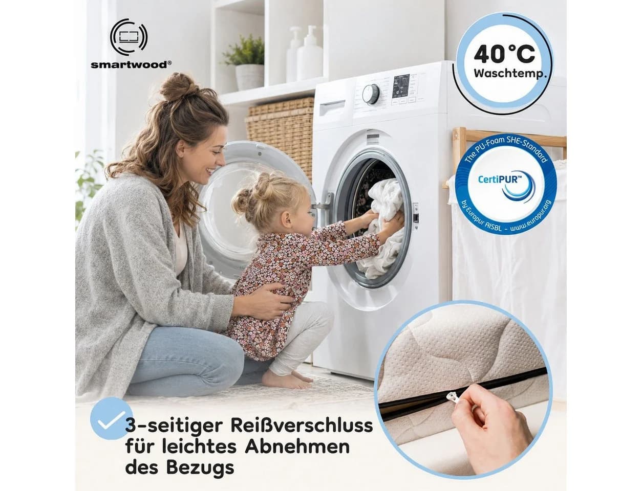 Smartwood Kindermatratze 70x140 12cm H2 Atmungsaktiv Abnehmbarer Bezug - Bild 5