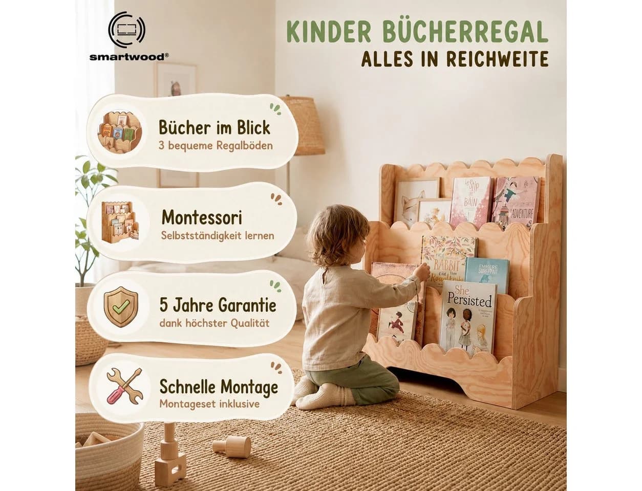 Smartwood Kinderregal Montessori Bücherregal Naturholz