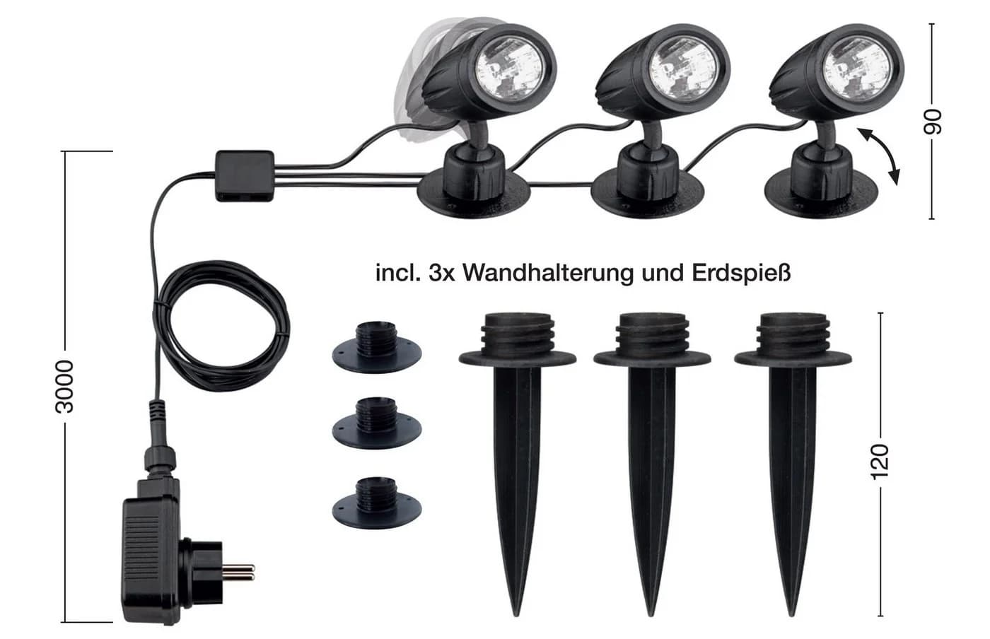 TRANGO LED Gartenstrahler 3-flammig IP44 Schwarz ABS-Kunststoff