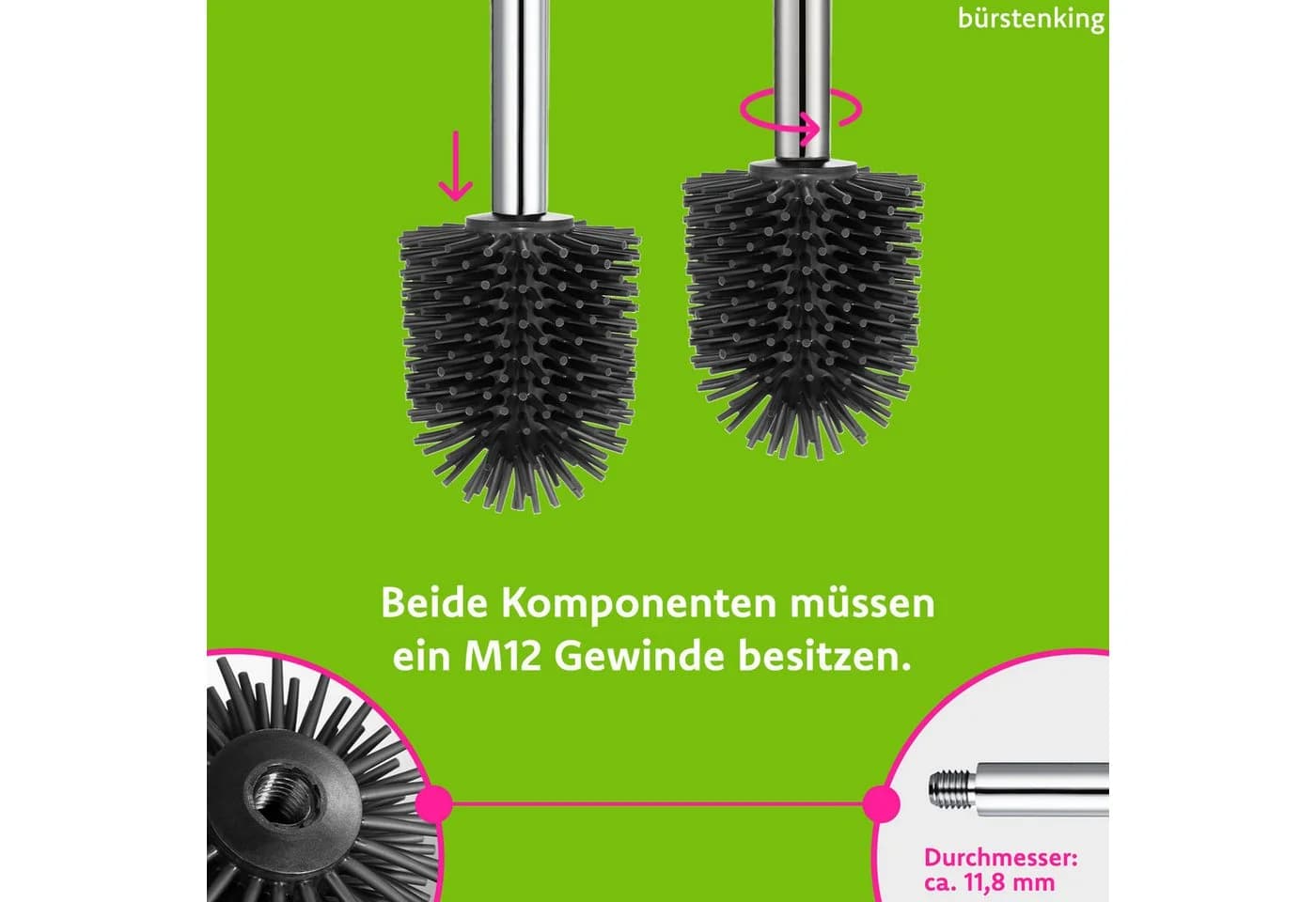 Bürstenking WC-Bürstengriff Edelstahl M12 Gewinde Silber - Bild 5
