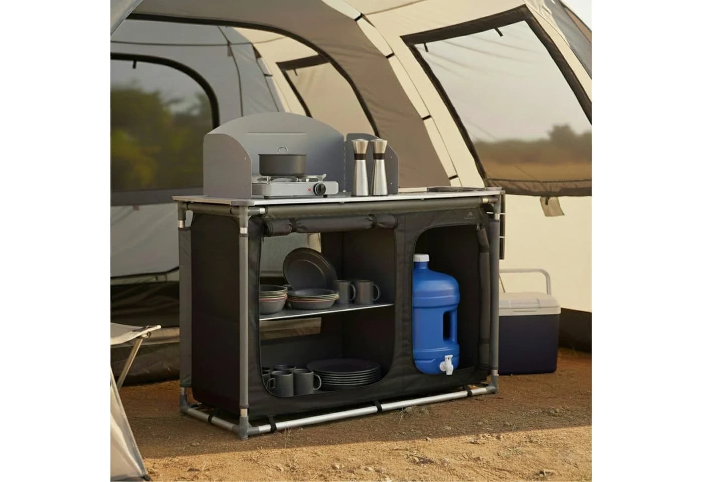 CampFeuer Campingschrank Klappbar mit Waschbecken Schwarz-Silber