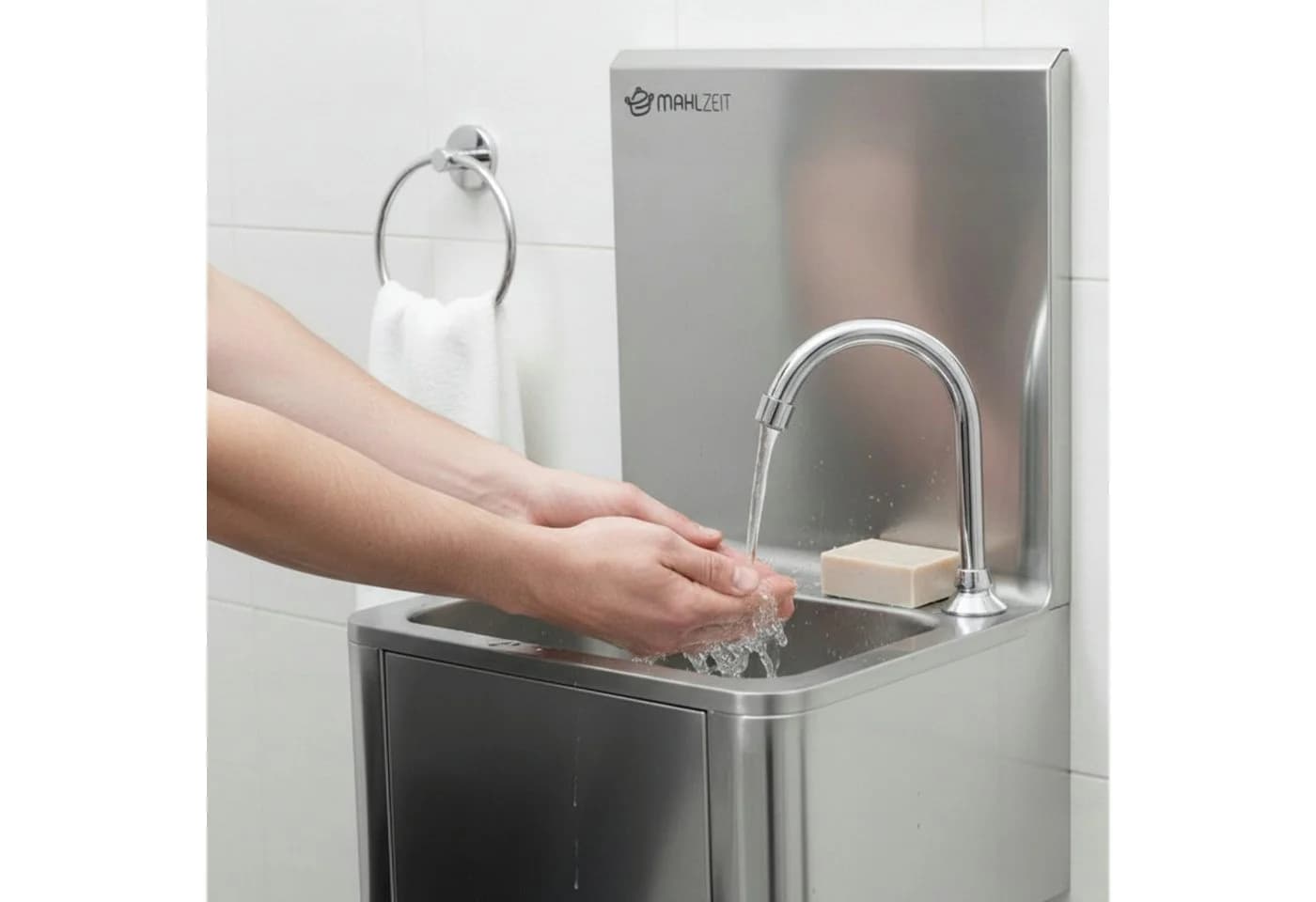 Mahlzeit Handwaschbecken Edelstahl mit Kniebetätigung und Seifenspender