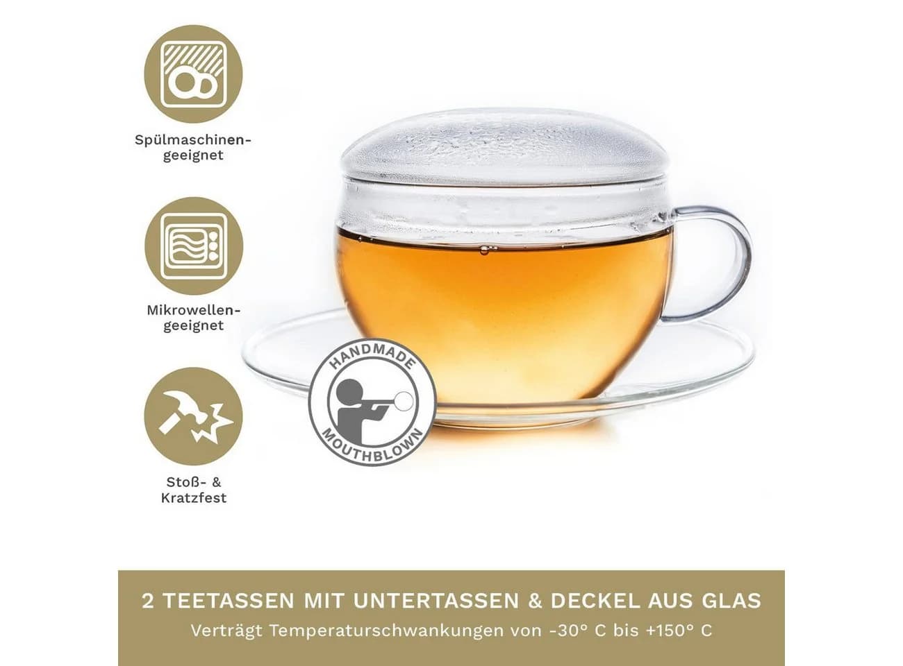 Creano Teeglas-Set 200ml mit Deckel & Untertasse, 2er-Set, Glas