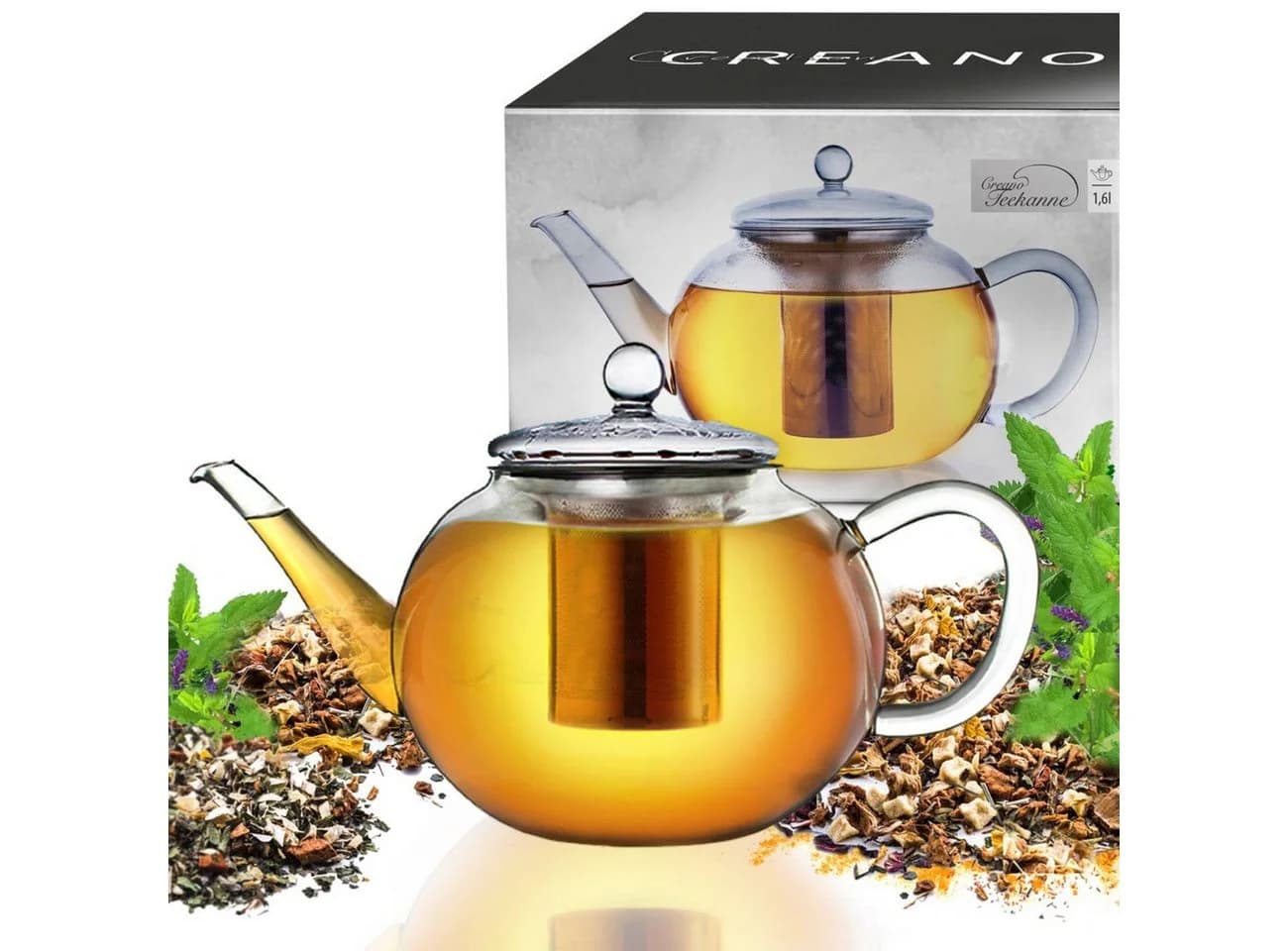 Creano Teekanne „flach“ 1,6l Glas mit Edelstahlsieb - Bild 2
